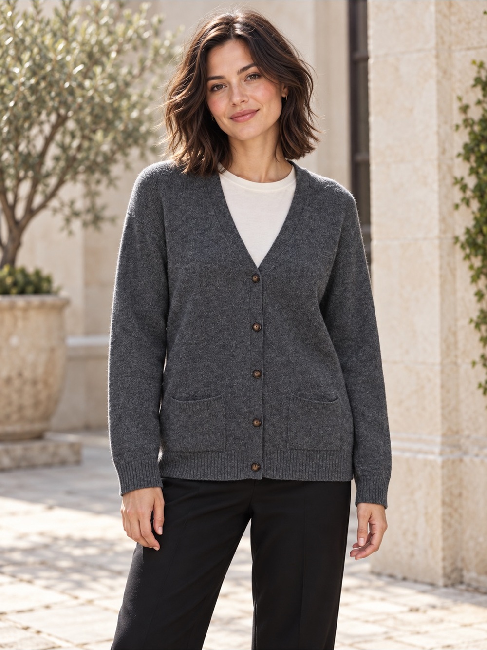 St. George Italian Wool Cardigan Gray V-Neck Button Front Pockets